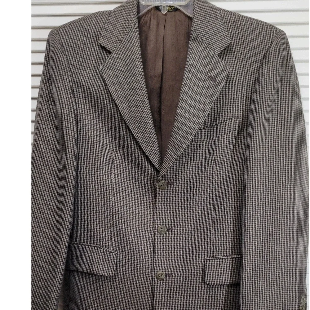 Vintage John Henry Mens 38R Blazer Brown Blue Houndstooth 3 Button Sport Coat